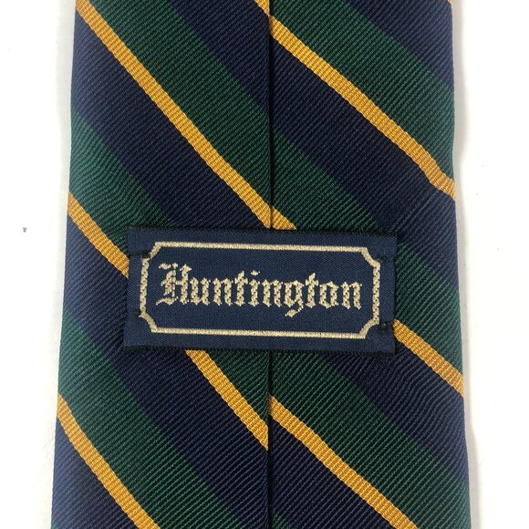 Vintage Huntington Stripe Tie Pure Silk Navy Blue Green Gold Made in USA Rep Tie - Picture 4 of 5